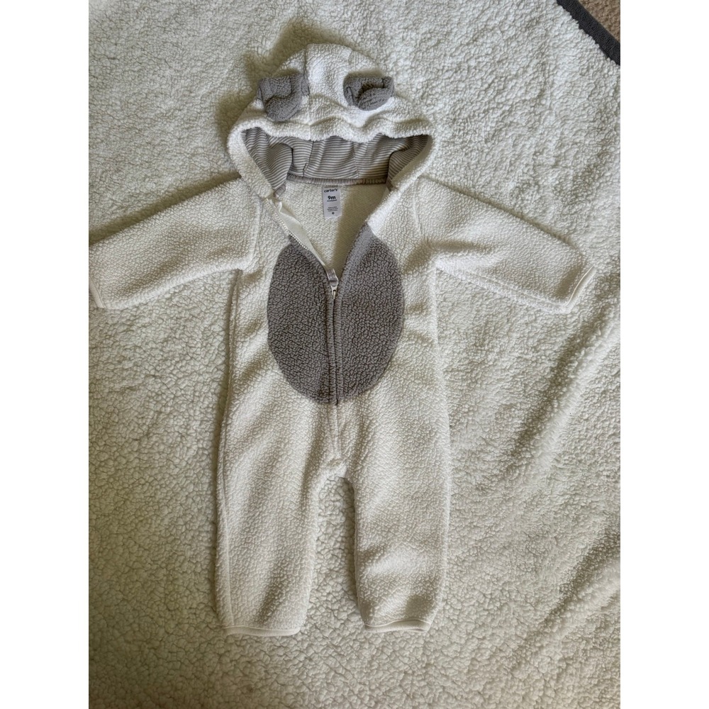 Carter's Pram Suit Baby 9M Cream Pre-Owned Sherpa Fleece Hooded Bear Jumpsuit